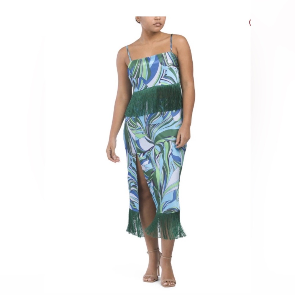 NWOT House of Harlow 1960 Green and Blue Print Fringe top and skirt size small